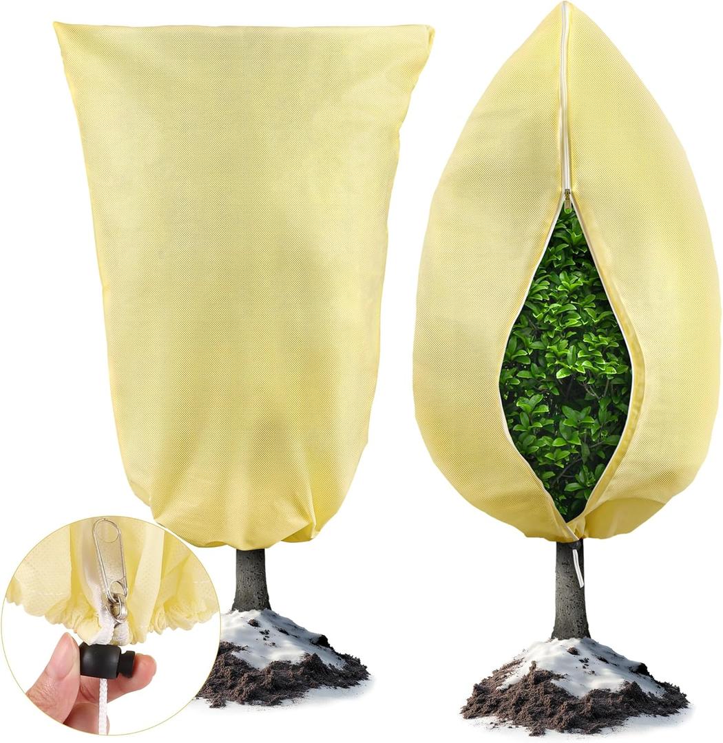 Plant Covers Freeze Protection, 2 Pack 47'' 71'' Beige Frost Cloths Blankets with Zipper Drawstring Shrub Tree Covers for Winter Outdoor Plants Freeze Protection