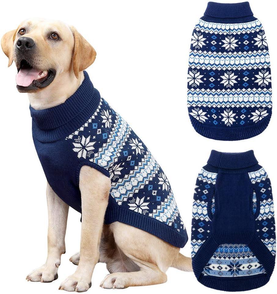 KOOLTAIL Cable Knit Dog Sweater Turtleneck, Cold Weather Pullover Classic Knitwear, Snowflake Pattern Thick Warm Winter Pet Clothes, Dog Christmas Sweater for Small Medium Large Dogs Cats, Navy Blue, Large