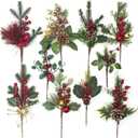 10 Pcs Artificial Pine Picks Christmas Pine Picks Pine Needles Branches with Red Berry Pinecones Berry Branches Fake Berries for Flower Arrangements Wreaths Holiday Xmas Tree Decoration