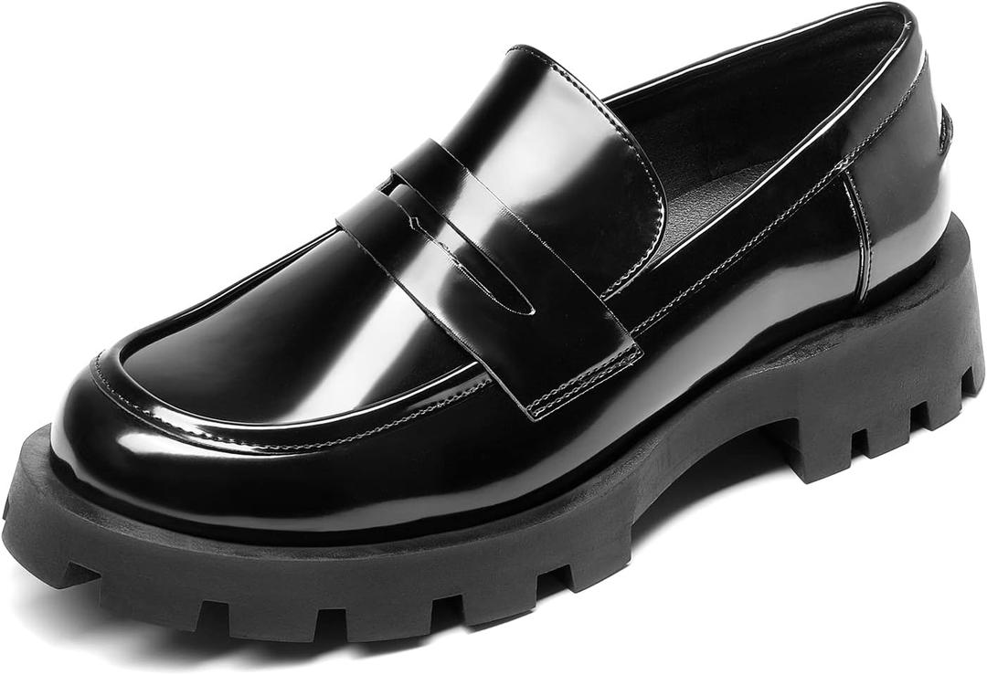 DREAM PAIRS Womens Loafers, Lug Sole Slip On Platform Chunky Penny Loafers for Women Dressy and Work, Business Casual Shoes for Women (8, Black-pat)