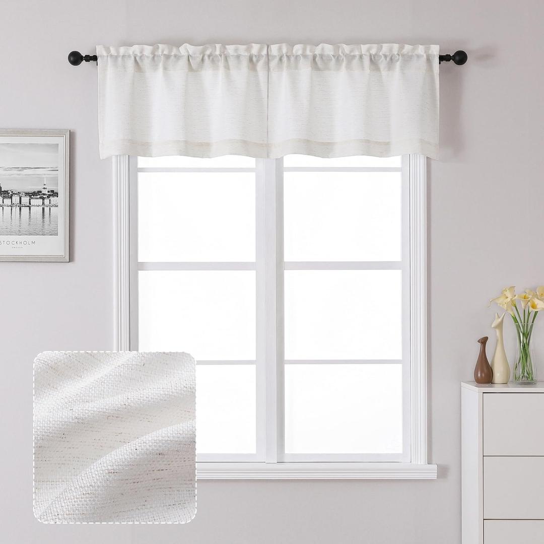 Chyhomenyc Bennet Faux Linen Slub Textured Semi Sheer Small Window Kitchen Valance Curtain, Rod Pocket Cafe Valance for Bathroom Laundry Basement, 30Wx14L inch, 2 Piece, Natural