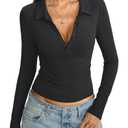 Womens Cotton Polo Collared Shirt Long Sleeve Sexy Deep V Neck Top Button Up Slim Fitted Tee Business Casual Outfit Black M