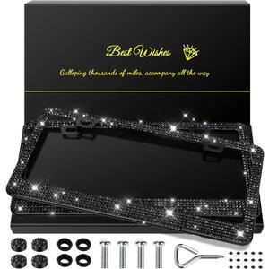 2 Pack Bling License Plate Frames for Women, Sparkly Rhinestone Diamond Car Accessories with Glitter Crystal Caps (Black)