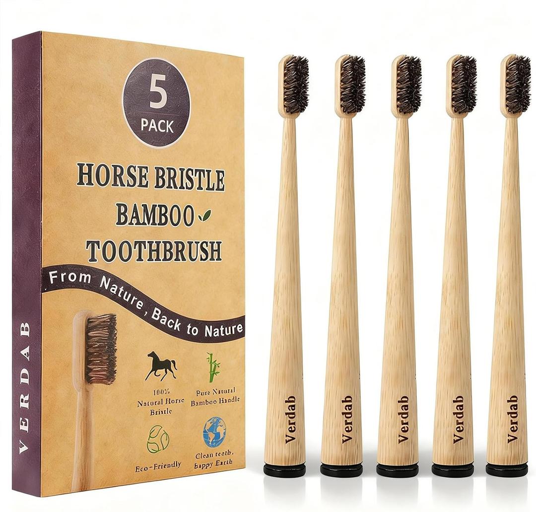 Horse Bristle Bamboo Toothbrush (5-Pack) - Natural Premium Wild Horse Bristles - 100% Biodegradable & Eco-Friendly - No Plastic, No Nylon - Self-Standing Design - Natural Toothbrushes