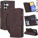 CAESBON for Samsung Galaxy A16-5G-Wallet Case: with RFID Blocking Card Slots (6 Cards) | Soft PU Leather Magnetic Snap Zipper Pocket | Crossbody Wrist Strap Protective Phone Cover - Coffee