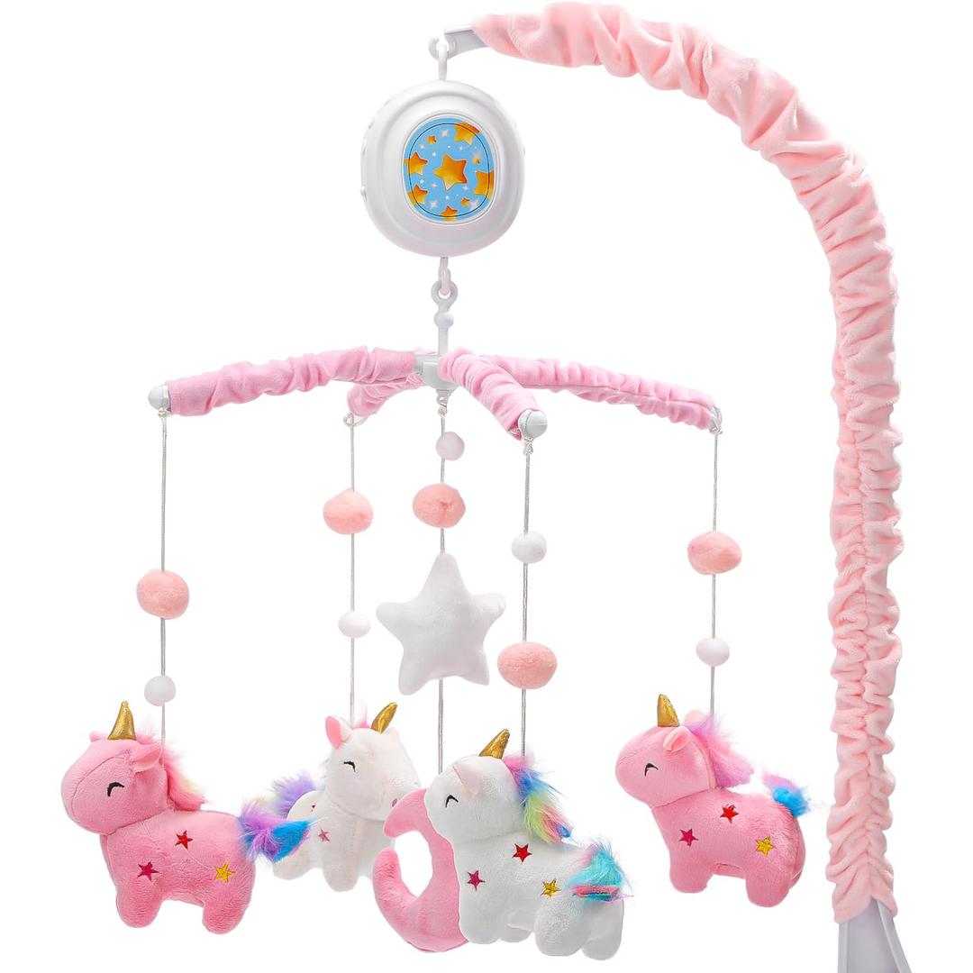 Unicorn Baby Crib Mobile for Girls with Music Box (100+ Lullabies), Rotating Plush Crib Toys for Newborns, Infant, Baby Christ & Shower Gift