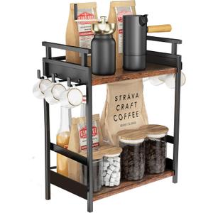 KLM 2 Tier Coffee Bar Organizer for Home Office, Spice Rack for Countertop, Kitchen Counter Storage Shelf with Hanging Basket, Coffee and Tea Condiment Station Organizer