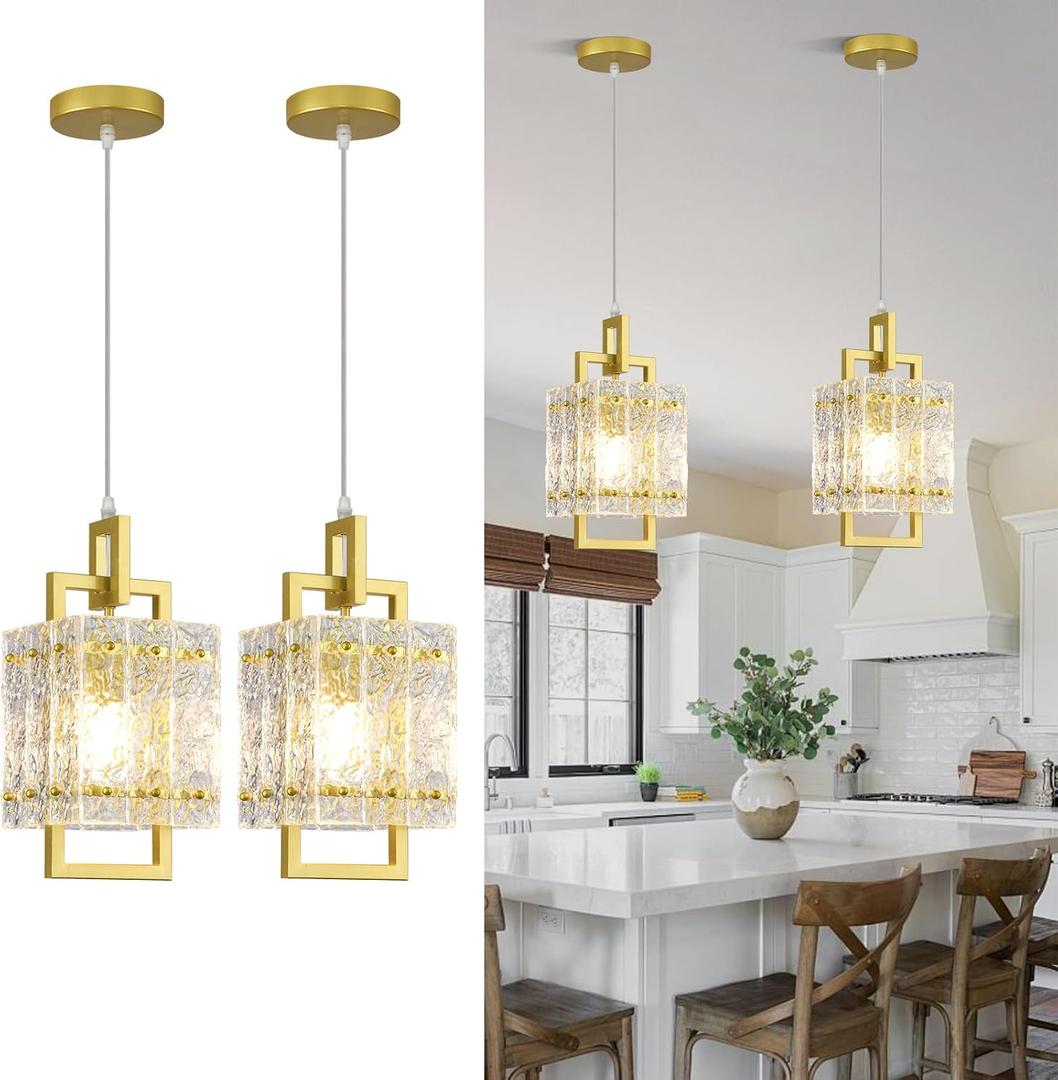 Gold Pendant Light Fixture - Modern Kitchen Island Water Ripple Glass Square Light - Adjustable Hanging Lighting for Kitchen Dining Room Over Island - 2 Pack, L7" x W7" x H12"
