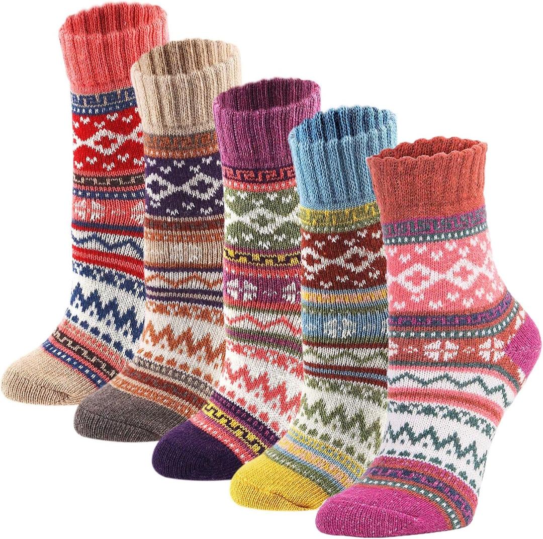 YZKKE 5Pack Womens Vintage Winter Soft Warm Thick Cold Knit Wool Crew Socks, Multicolor, One size