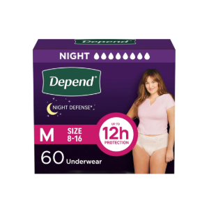 Depend Night Defense Adult Diapers, Incontinence & Postpartum Bladder Leak Underwear for Women, Disposable, Overnight, Medium, Blush, 60 Count (4 Packs of 15)