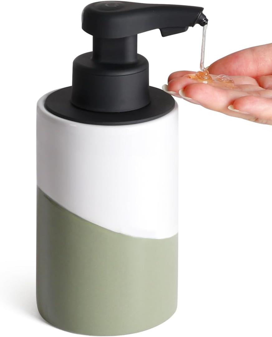 BosilunLife Automatic Soap Dispenser Ceramic Hand Free Soap Dispenser with Waterproof Pump Rechargeable Smart Electric Soap Lotion Dispenser Touchless for Kitchen Bathroom (White-Green, Liquid Pump)