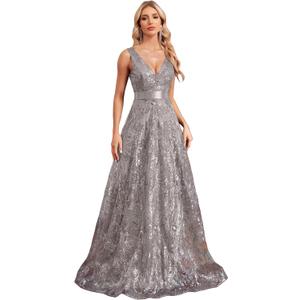 Sleeveless Glitter Sequined Womens Long Formal Gown Aline Prom Dress for Anchorwoman Floor Length Evening Dress (XX-Large, Grey)