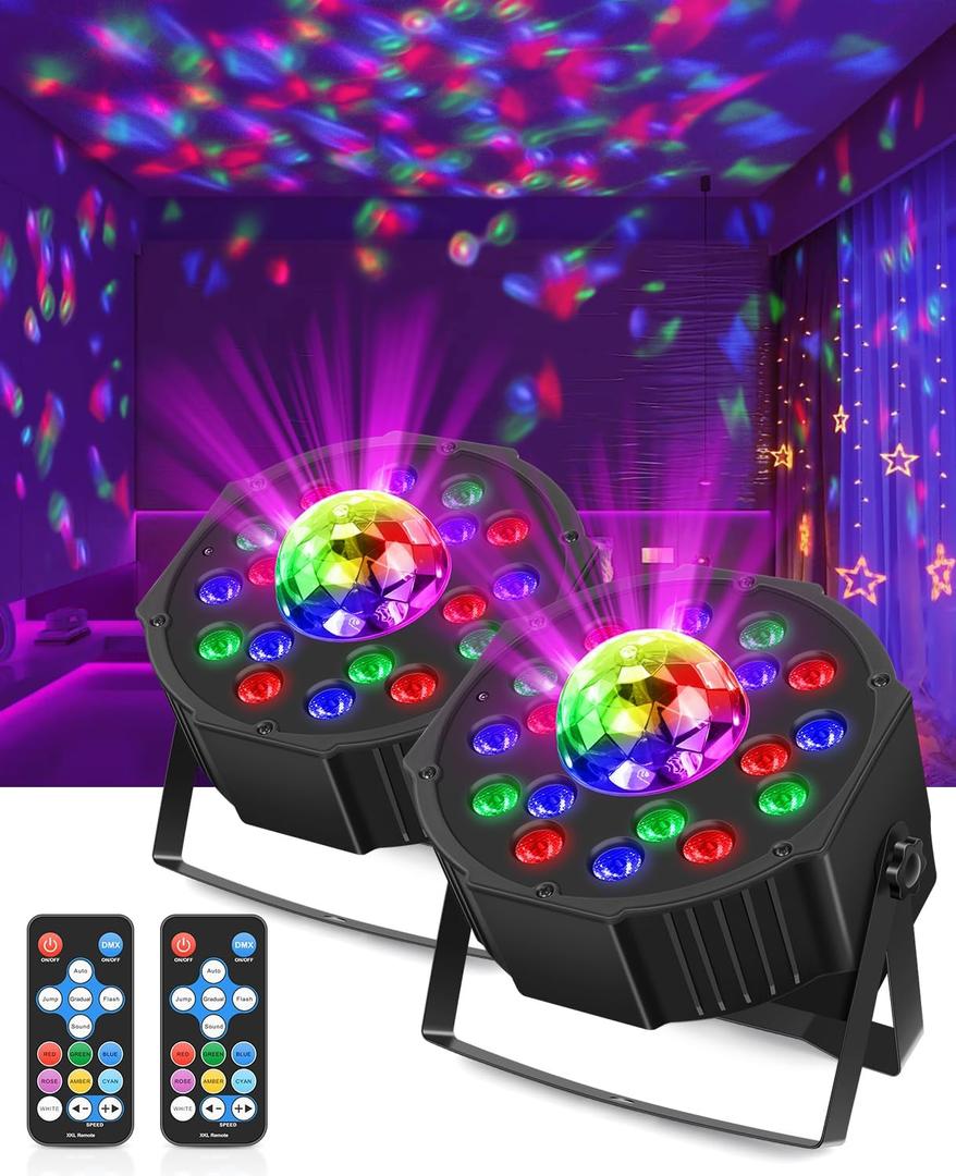 2 in 1 Party Lights 2 Pack, Disco Light with 18LEDs Sound Activated 7 Lighting Effects for House Parties Birthday Holiday Karaoke Bar Dance Club Pub Home Decorations