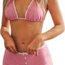 SweatyRocks Women's 2 Piece Striped Bikini Set Halter Triangle Bikini Top with Boyshort Swimsuits (Red, Small)