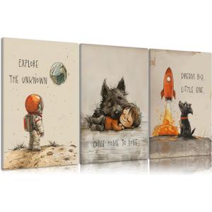 Vintage Astronaut Nursery Canvas Wall Art Space Explore Picture Wall Decor Dream Big Little One Poster Cute Dog Toddler Painting Print Artwork for Kids Boys Room Bedroom Playroom Decor, Framed (24L"x16W")