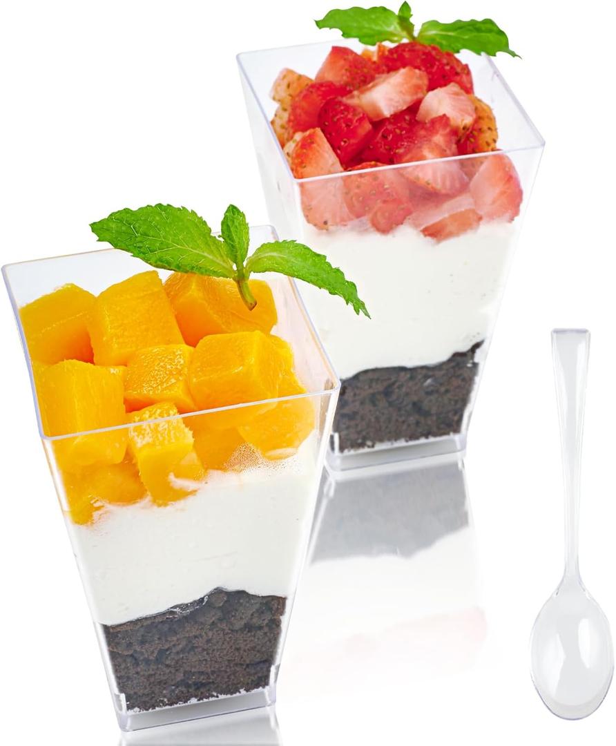 JOLLY CHEF 100 Pack 3 oz Square Mini Dessert Cups with Spoons, Clear Plastic Parfait Appetizer Cup, Small Plastic Dessert Serving Bowl for Tasting Party