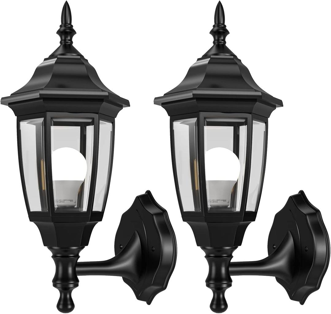 EMART Plastic Outdoor Wall Light Fixtures with Bulbs, Waterproof and Anti-Corrosion Porch Sconces, Exterior Lanterns Wall Mount Lamp for Outside, Garage, Front Door, House, Patio, 2 Pack, Black, No Sensor
