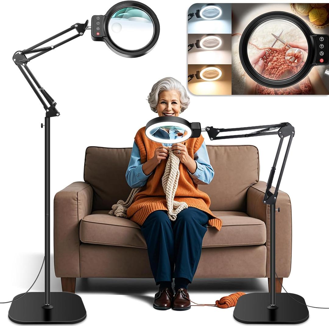 30X 10X Large Floor Magnifying Glass with Light and Stand, 72 LED Adjustable Height Floor Magnifying Lamp, 2 in 1 Lighted Magnifiers for Close Work, Sewing, Crafts, Hobbies, Reading (Black)