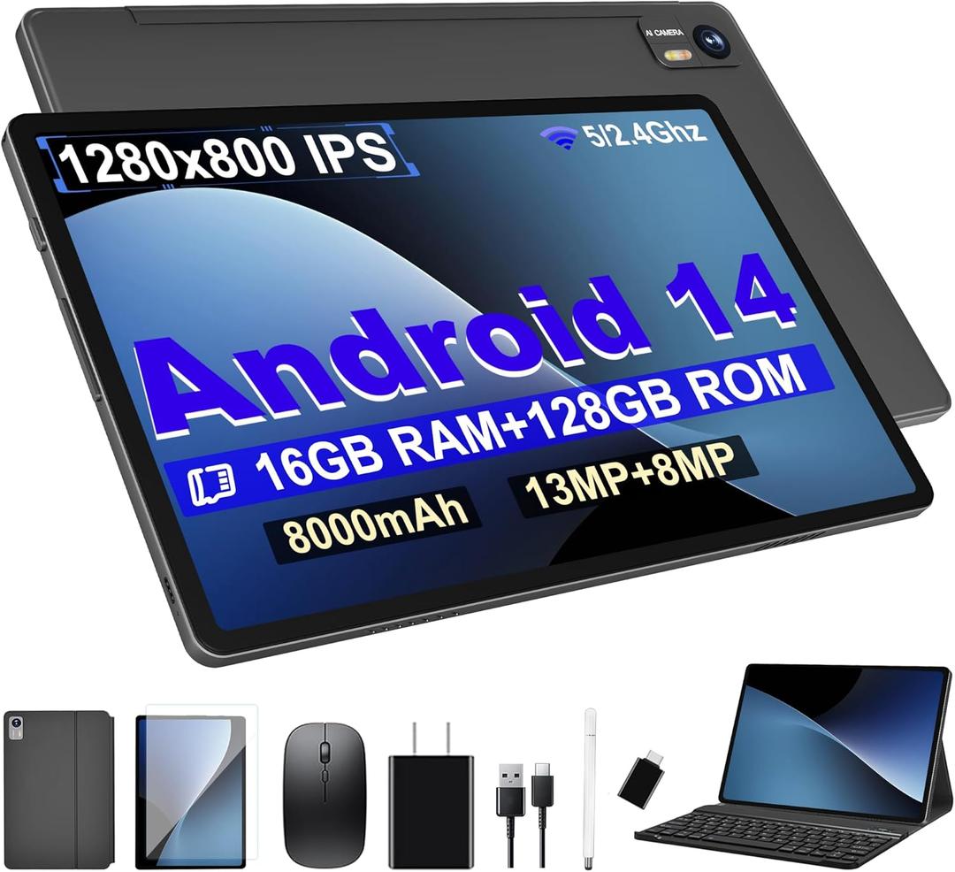 Android 14 Tablet with Keyboard16GB RAM 128GB ROM 1TB Expand, 8000mAh Battery, 10.1 Inch Tablet with 13MP+8MP Camera/Bluetooth/GPS/WiFi/HD Display (Dark Gray) Android 14 Tablet with Keyboard16GB RAM 128GB ROM 1TB Expand, 8000mAh Battery, 10.1 Inch Tablet with 13MP+8MP Camera/Bluetooth/GPS/WiFi/HD Display (Dark Gray)
