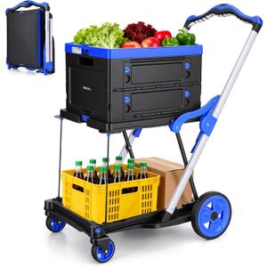 200lb Folding Hand Truck Shopping Cart, 360 Swivel Wheels with Brakes,Blue
