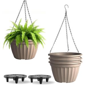 FGstyle Hanging Planters 10 Inch, 4 Pcs Self Watering Pots for Indoor Plants,Plastic Hanging Basket with Soil Elevator and 20" Chain for Home Garden Porch Balcony Patio Decor(Beige)