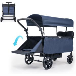Infant Master Collapsible Wagon with Canopy and Large Wheels - All-Terrain Heavy Duty Folding Cart for Sports, Shopping, Camping - 400L Capacity, Adjustable Handle, 2 Child Restraints, Blue