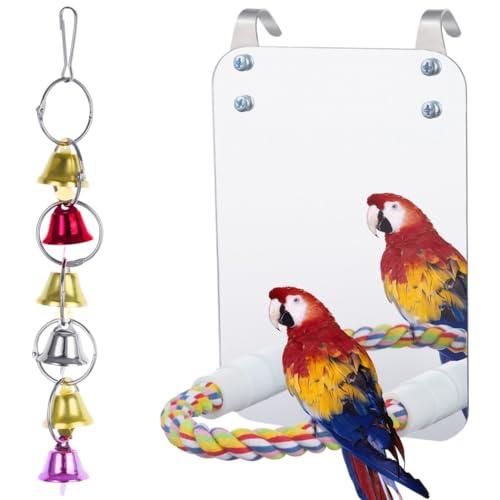 BOSREROY 7.9 Inch Bird Cage Mirror with Perch Stand Wind Bell Interactive Parrot Cage Toy for Parakeets Cockatoos Cockatiels Conures Lovebirds and Canaries
