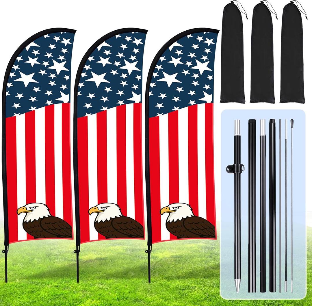 Buryeah 3 Sets 8 ft American Glory Feather Flag with Pole Kit, 250th Anniversary USA Swooper Flag Banner Sign with Flagpole for 4th of July Patriotic Decor, Business Advertising & Outdoor Events