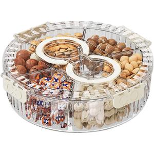 Koja Rotating Snackle Box Container with Lid - Portable Divided Serving Tray for Snacks, Nuts, Candy, Charcuterie, Veggies & Fruit - 360 Turntable Food Organizer for Parties, Movie Night & Travel