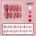 30Pcs Short Almond Press on Nails Valentines Fake Nails with Flower Love Heart Stripe Design Pink Full Cover False Nails Valentines Heart Nails Press ons Full Cover Artificial Stick on Nail for Women