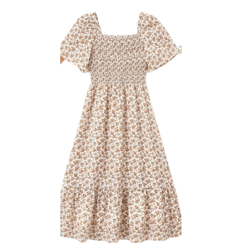 PATPAT Matching Outfits Boho Floral Print Square Neck Puff Sleeve Smocked Dress, Medium