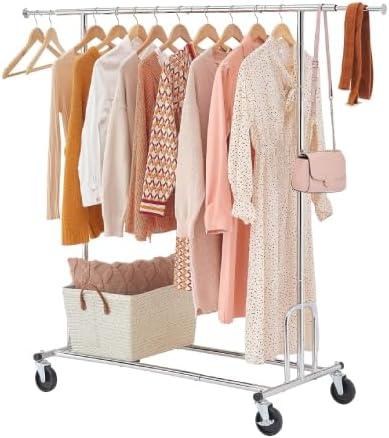 Tajsoon Heavy Duty Clothes Rack Foldable Garment Rack with Wheels and Extendable Rod, Freestanding Clothing Rack for Hanging Clothes, Adjustable  Collapsible Rolling Racks with Bottom Shelf, Chrome
