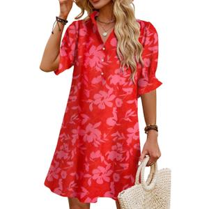 Womens Summer Shirt Mini Beach Dresses | Flowy Shift Dress, Button V Neck, Polo Collar, Ruffle Short Sleeve, Floral Boho Style, Casual Vacation Outfits with Pockets (Red, S)