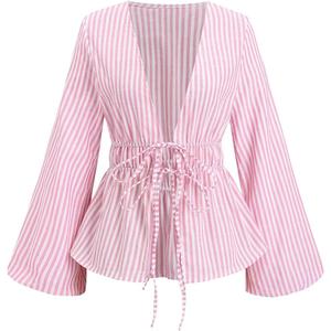 SHENHE Women's Striped Tie Front Bell Sleeve Blouse Deep V Neck Elegant Peplum Top Shirt (XS)