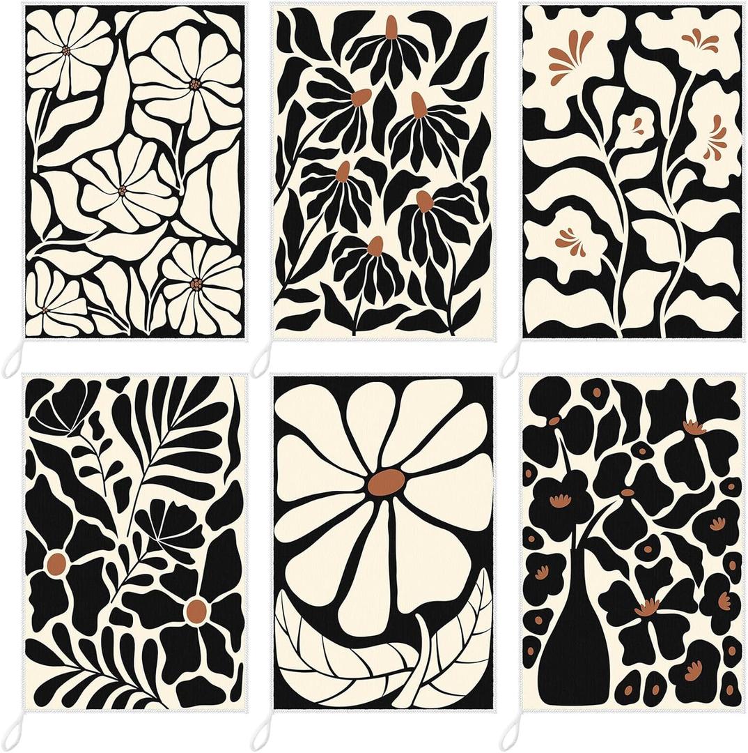Breling Boho Kitchen Towels Set of 6 Boho Floral Dish Towels Cute Tea Towel Decorative Hand Towel Vintage Rustic Cloths for Kitchen Drying Housewarming Gifts Home, 14 x 21 inch (Black)