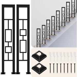 2Pcs 35.4in U-Shaped Stair Handrail, Matte Black Hand Rail with Square Pattern, Wrought Iron Outdoor Stair Railing for Porches, Decks, Fences, Black