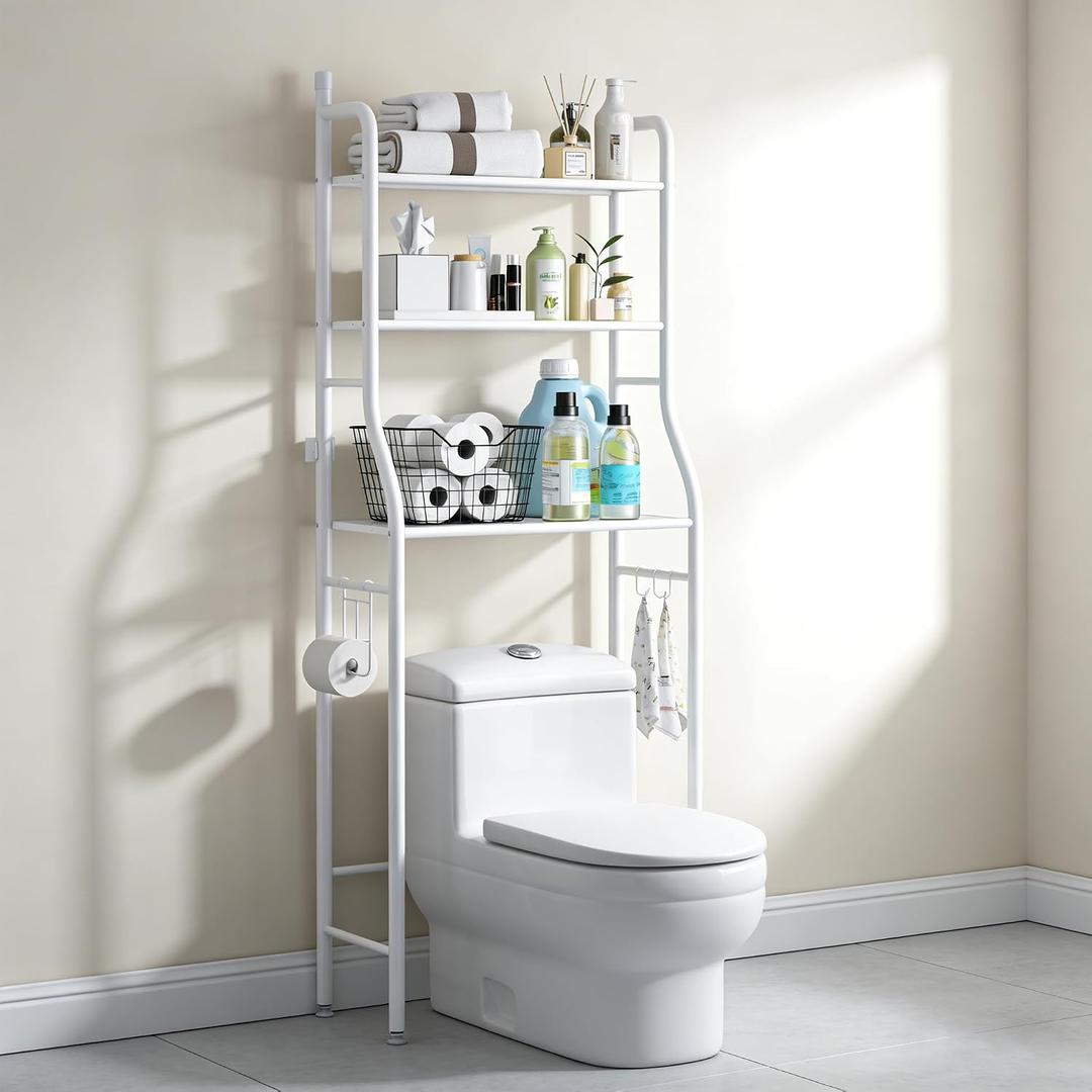 3-Tier Over the Toilet Storage Shelf with Adjustable Foot Pads, Anti-Tilt Metal Bathroom Organizer with Paper Holder & 4 Hooks, No Drill Space Saving Toilet Rack, White