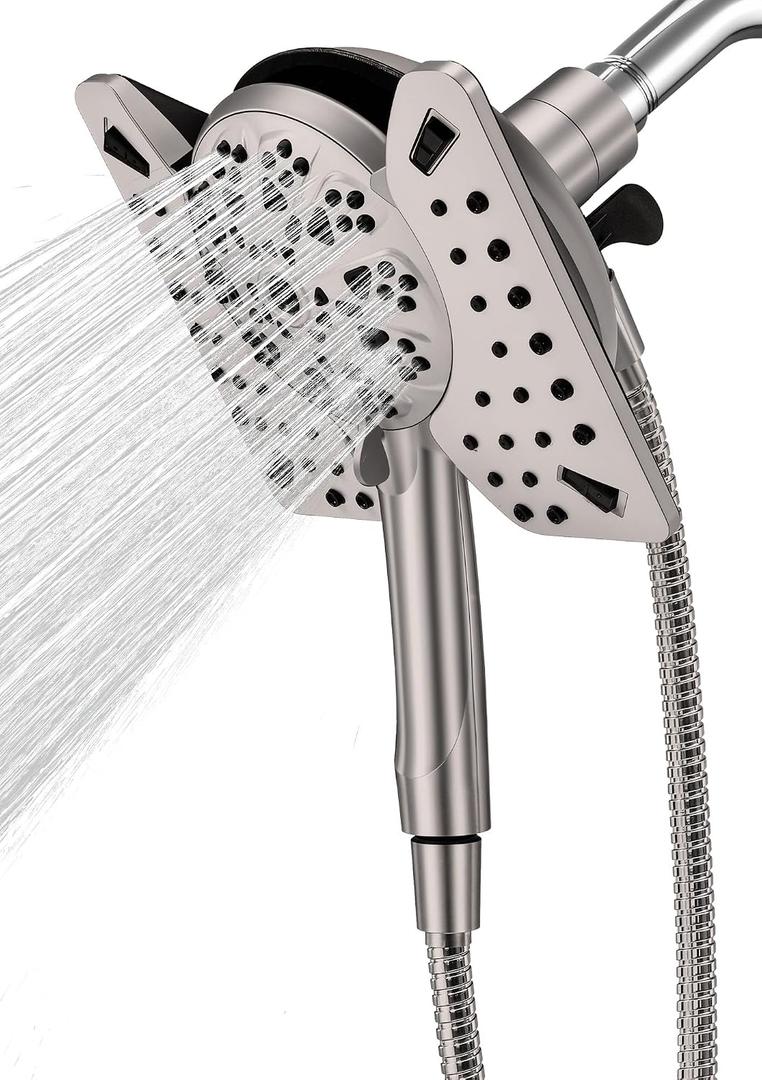 Shower Head with Handheld High Pressure, Rain Shower Head with Fixed Showerhead and 9 Sprays Handheld Shower, Detachable 2-IN-1 Shower head with 59" Rotatable Stainless Steel Hose (Brushed Nickel)