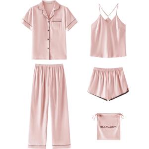 SAPJON Silk Satin Pajamas for Women 5Pcs Button Down Short Sleeve Top and Shorts Soft Pj Set Notch Collar Loungewear