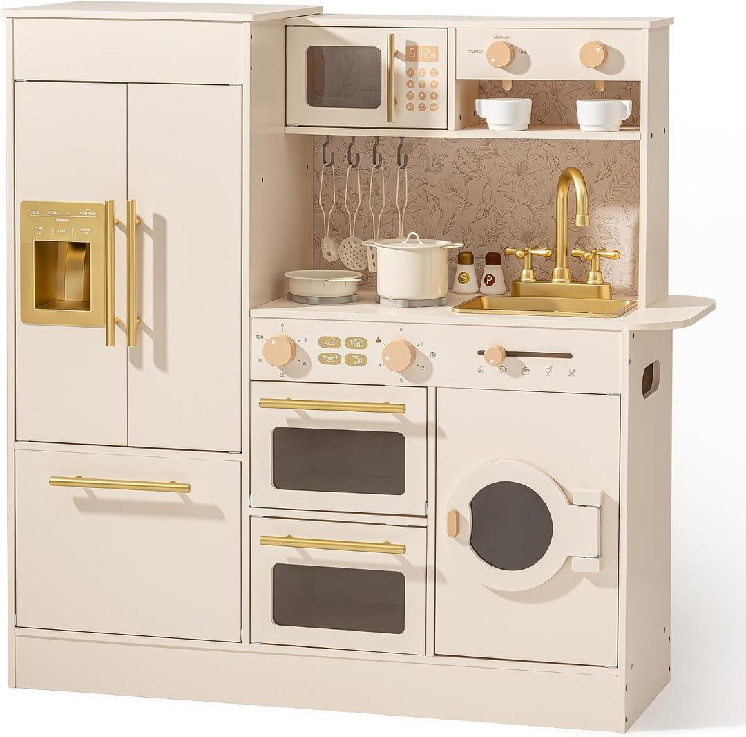 ROBOTIME Wooden Play Kitchen with Refrigerator Dishwasher Age3+ 32in × 20in, 32 x 11.6 x 35 inches
