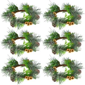 6 Pcs Christmas Candle Ring 4.7 Inch Mini Christmas Wreaths for Home Cabinets Artificial Berry Candle Rings with Pine Cones Small Wreaths for Home, Wedding, Christmas Holiday Table Decoration (Gold)