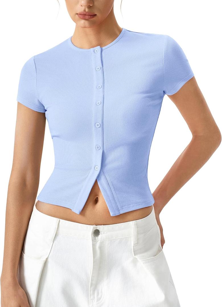 QINSEN Women's Crewneck Short Sleeve T Shirts Ribbed Button Going Out Trendy Tops (Blue, S)