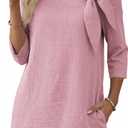 Summer Tunic Tops for Women 3/4 Sleeve Linen Blouse with Pockets & Bow Tie Neck Ladies Tops for Brunch Casual Wear (Large, Pink)