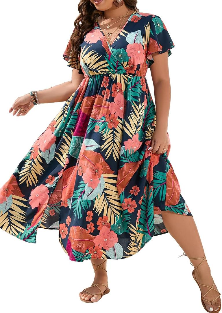 Floerns Women's Plus Size Boho Hawaiian Tropical Dresses V Neck Short Sleeve Floral A Line Long Dress Vacation Beach Outfits (XXXL)
