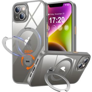 360 Rotatable Magnetic Stand for iPhone 13/14 Case Compatible with Mag-Safe 16FT Military Drop Protection, Anti-Scratch/Fingerprint iPhone 13/14 Phone Case(Clear-Grey)