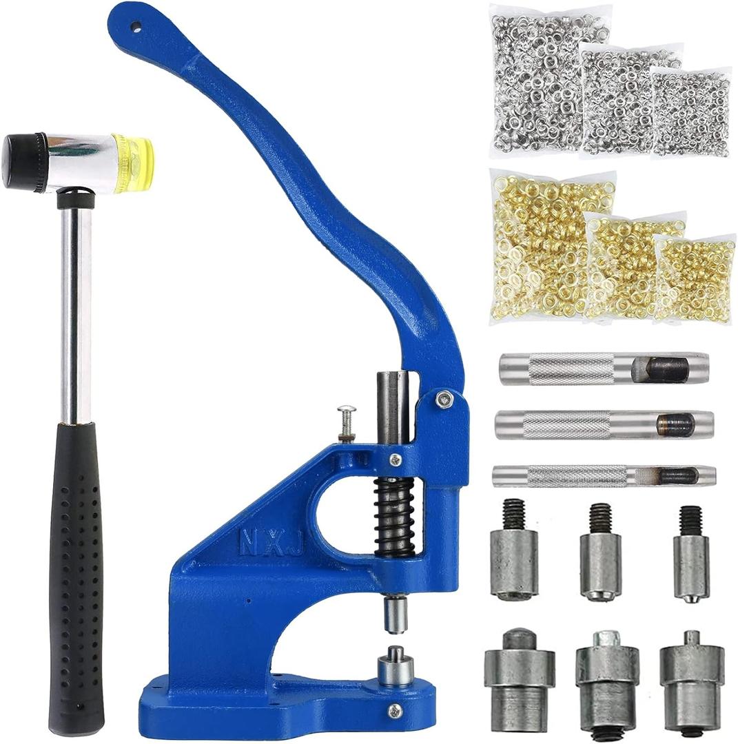 Hand Press Grommet Machine Tarp Grommet Tool Kit Heavy Duty Grommet Press with Punch Hole Tool,Rubber Hammer,3 Dies (#0#2#4),3000Pcs Sliver/Gold Grommets(1/4 3/8 1/2 inch) for Fabric Curtains Kit (Blue)