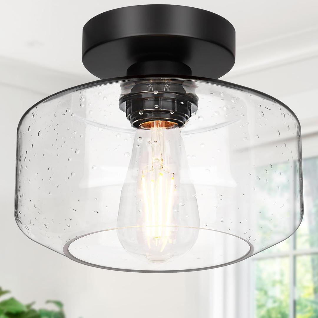 Industrial Semi Flush Mount Ceiling Light, 800 Lumen LED Bulb Included, Seeded Glass Shade Farmhouse Light Fixture for Hallway Corridor Kitchen Bathroom Bedroom Passway(Large, Black)