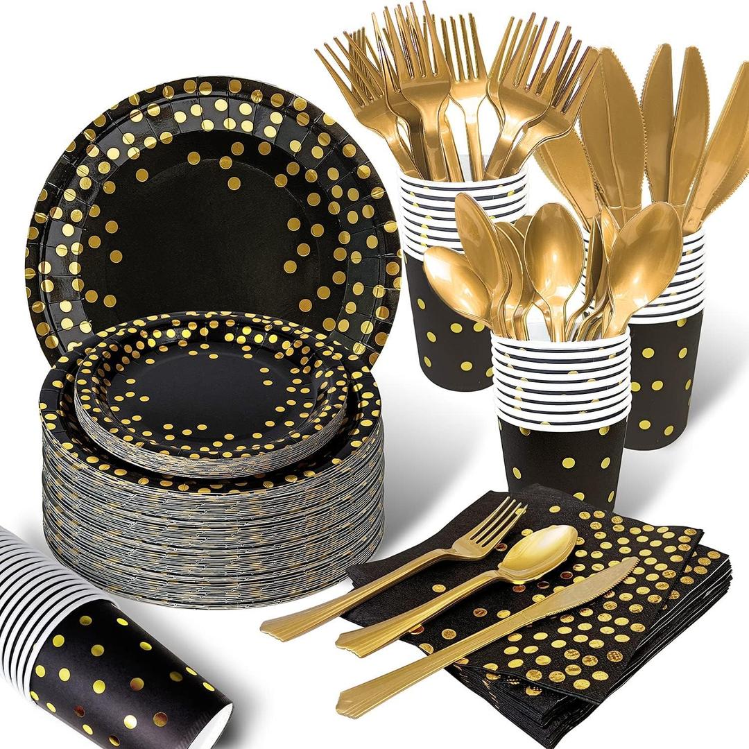 AIRE 175PCS Black and Gold Paper Plates Party Supplies for 25 Guests Disposable Party Decorations Dinnerware Golden Dot Black Paper Plates Napkins Cups Gold Plastic Forks Knives Spoons for Mothers Day