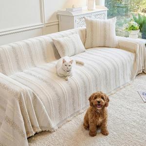 Couch Cover for Dogs Washable Sofa Cover, Sectional Couch Covers, Sofa Covers for 2 Cushion Couch, Non Slip Stripe Sofa Slipcovers Furniture Protector (Beige, 91 * 134)