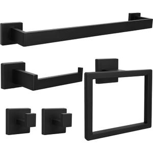 5pcs Bathroom Hardware Set, 24in Towel Bar Set, Including Square Towel Bar Square Towel Ring Toilet Paper Holder Towel Hooks, Set SUS304 Stainless Steel, Wall Mounted (Black)